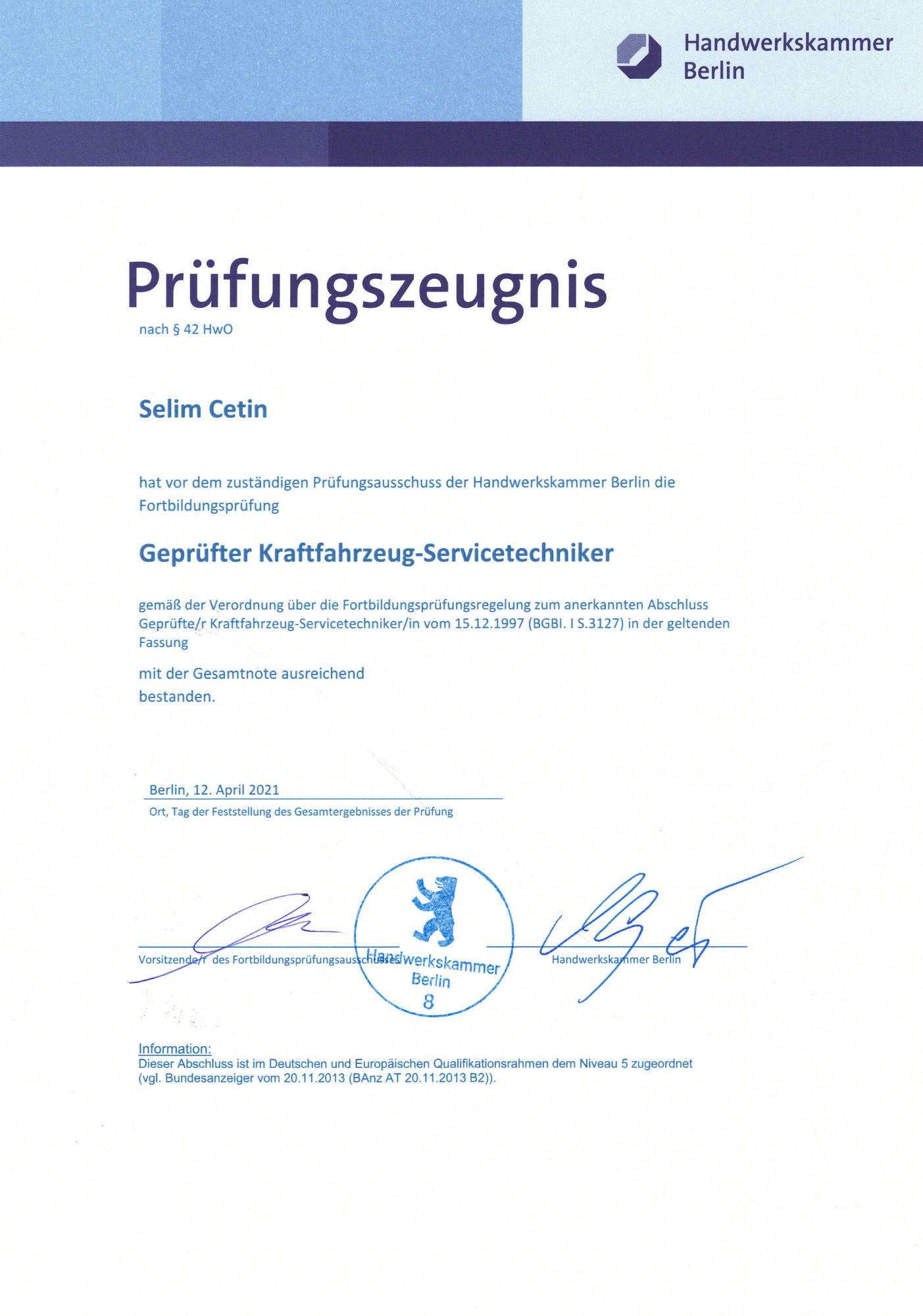 Prüfungszeugnis