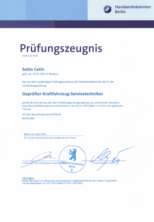 Prüfungszeugnis KFZ Sachverständiger